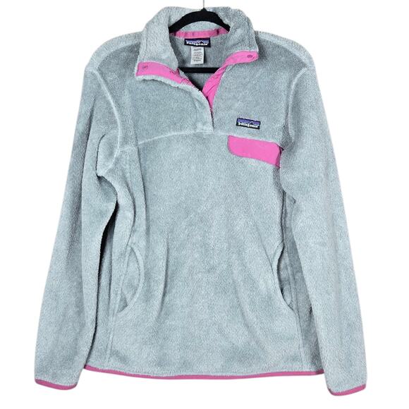 Patagonia Sweaters - Patagonia Snap T Pullover Womens Large Gray Pink Kangaroo Pocket Casual Fleece